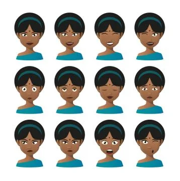 Female indian avatar expression set Stock Illustration