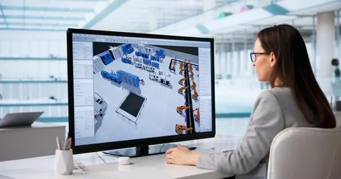 Female Industrial Designer Develops 3D Factory Floor Plan Using Advanced Comp Stock Photos