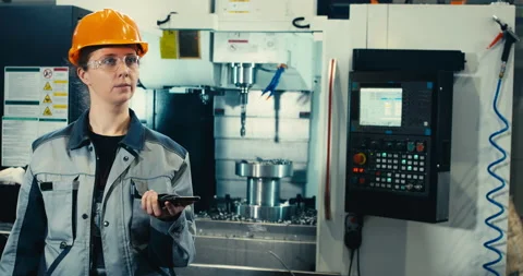 Female industrial engineer with machine. Assistant Industrial Engineer. He Stock Footage 171263499
