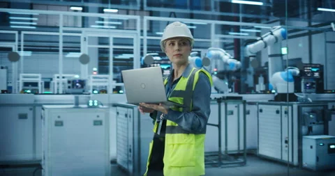 Female Industrial Engineer Walking Using Laptop in Assembly Factory Video stock 319831114