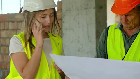 Female inspector in hard hat talks on smartphone during shift Stock Footage 317611289