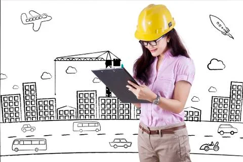 Female inspector with project design Stock Illustration