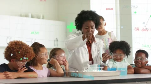 Female instructor adding reagent to beaker in science class, HUD highlighting Stock Footage 333838014