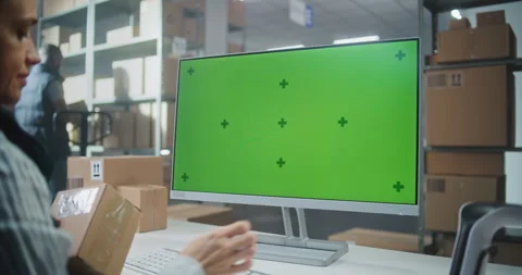 Female Inventory Manager Scans Code on Cardboard Box. Computer Screen with Green 스톡 동영상 307661970