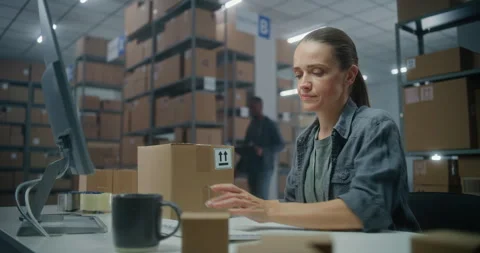 Female inventory manager scans parcel with barcode scanner, prepares for Stock Footage 307616980