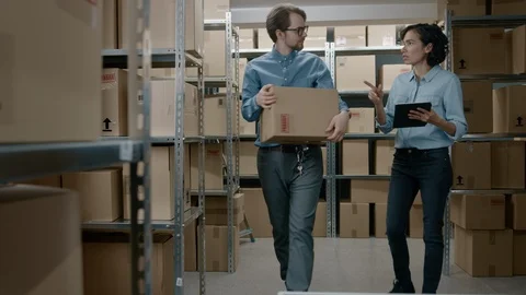 Female Inventory Manager Shows Digital Tablet Information to a Worker Stock Footage 95987341