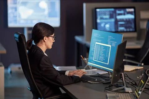Female IT developer using computer at workplace in office 库存照片