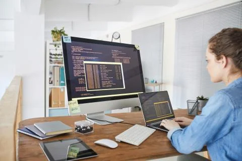Female IT Developer Writing Code at Workplace 스톡 사진