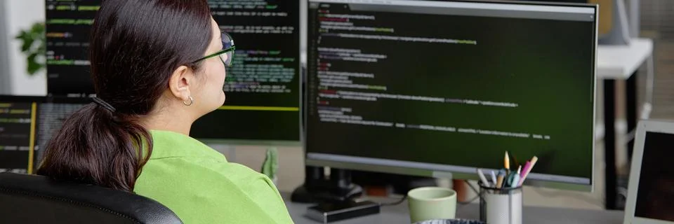 Female IT Developer Writing Code on Computer 스톡 사진
