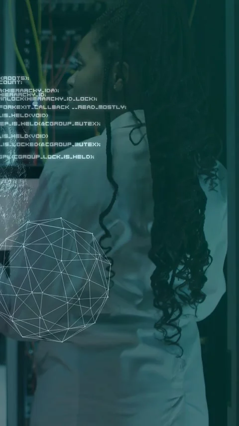 Female IT engineer scanning rack in DC, wireframe sphere fading in, scrolling Stock Footage 332775345