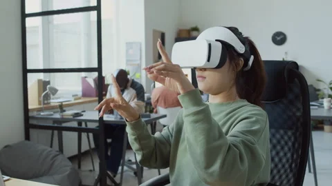Female IT Engineer Testing Mobile App in Augmented Reality Helmet Stock Footage 293125366