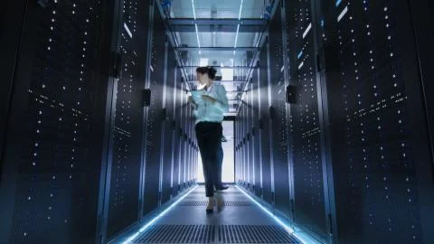 Female IT Engineer Walking through Data Center Corridor. She is Holding Table 스톡 사진