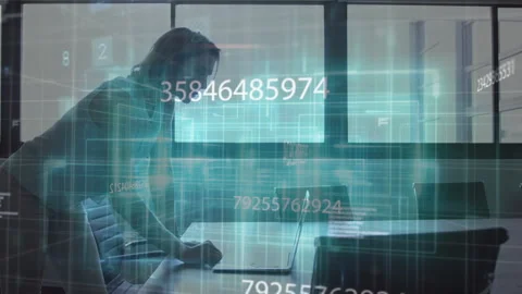 Female IT pro typing on laptop starting data flow overlaying malware alerts Stock Footage 314709010