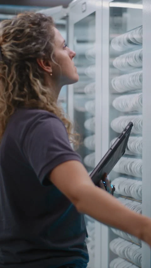 Female IT Specialist Using Digital Tablet near Open Server Cabinet Video stock 344886529