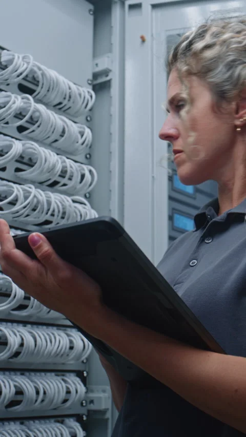 Female IT Technician Analyzing Server Performance and Network Connections Stock Footage 347912911