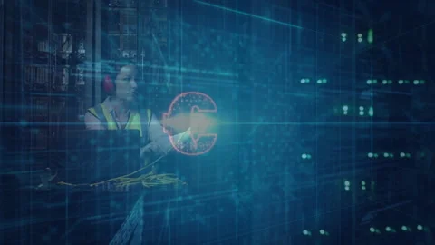 Female IT technician connecting Ethernet cables at server racks, showing Stock Footage 309105846