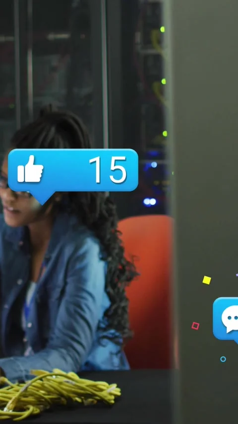 Female IT technician reaching for Ethernet cables while notification icons Stock Footage 334543989