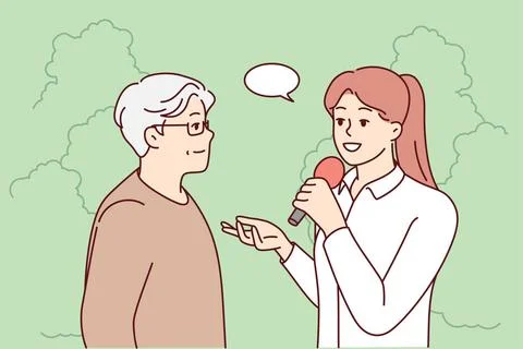 Female journalist interview elderly man Female journalist with microphone ... Stock Photos