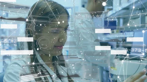 Female lab professional raising tablet and tapping screen, animating data bars Stock Footage 330004089
