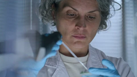 Female Lab Scientist Adding Liquid to Petri Dish Containing Plant Sample Stock Footage 291262695