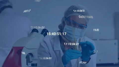 Female lab tech lifting vial, aligning sample to test while holo graphs floating Stock Footage 330652766