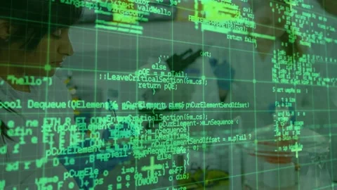 Female lab tech logging samples on clipboard for research green code overlay Stock Footage 330509069