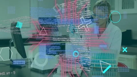 Female lab tech picking pipette, loading rack, data overlays rising hiding bench Stock Footage 332704469