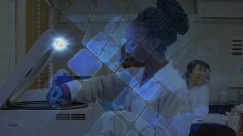 Female lab tech pipetting sample, loading analyzer for test, blue overlay Stock Footage 330577177
