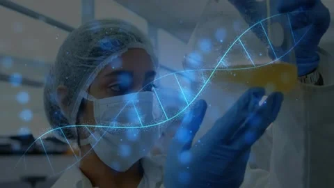 Female lab tech raising flask, checking yellow sample as DNA helix overlaying Stock Footage 331736217