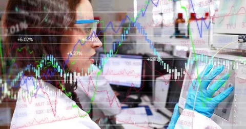 Female lab tech reaching panel, adjusting controls analyzing sample with chart Stock Footage 330462647