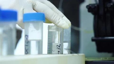 A female lab technician takes a sample from a test tube in the lab. Stock Footage 249601283