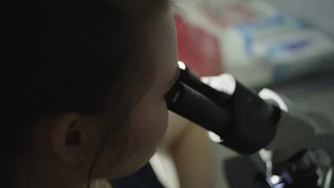 A female laboratory assistant looks into a microscope in a laboratory. Stock Footage 242024966
