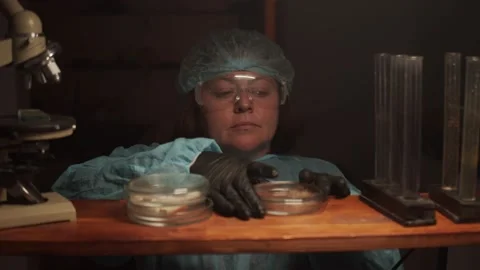A female laboratory assistant takes the object of study from the storage shelf n Stock Footage 233031175