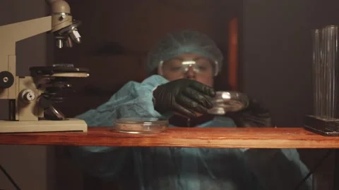 A female laboratory assistant takes the object of study from the storage shelf n Stock Footage 233031222