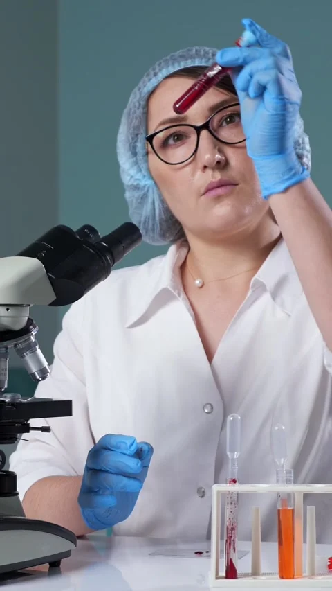 Female laboratory technician holding a test tube with blood sample for Stock Footage 343909262