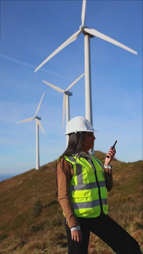 Female latin engineer using walkie talkie near wind turbines Stock Footage 294976143