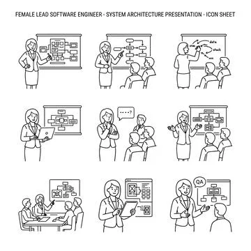 Female lead software engineer presenting system architecture, technical lea.. Stockillustratie