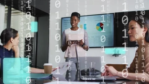 Female lead tapping tablet starting teal UI and falling code over charts Stock Footage 333734529