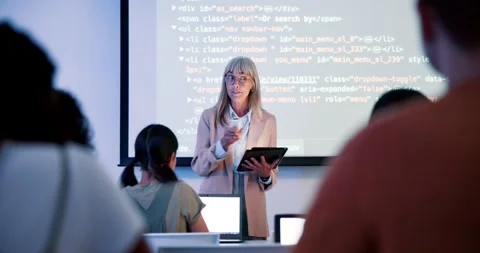 Female lecturer, coding and screen in class for education with html, teaching Stock Footage 274366650