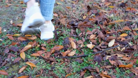Female legs in jeans and white sneakers against background of dry foliage back Stock Footage 220532953