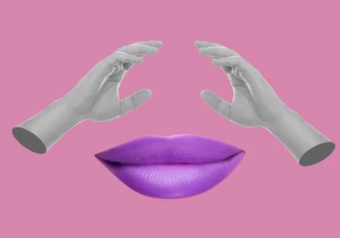 Female lips and hands on dark pink background, stylish art collage Stock Illustration