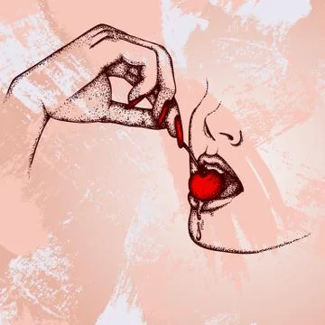 Female lips with a cherry Stock Illustration