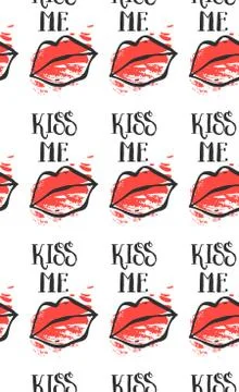 Female lips. Mouth with a kiss, smile, tongue, teeth and kiss me lettering on Stock Illustration
