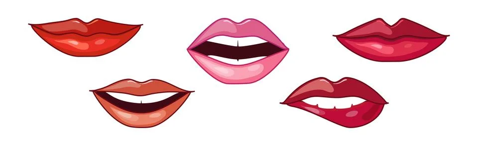 Female Lips Red and Pink Half Open Icon Vector Set Stock Illustration