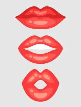 Female lips set. Mouths with red lipstick in variety of expressions. Objects for Stock Illustration