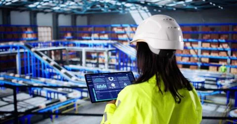 Female Logistic Technician Using Tablet In Warehouse Inventory Management Cen Stock Photos