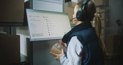 Female Logistics Manager Talks on Headset, Scans Parcel in Tracking App at Stock Footage 307664088