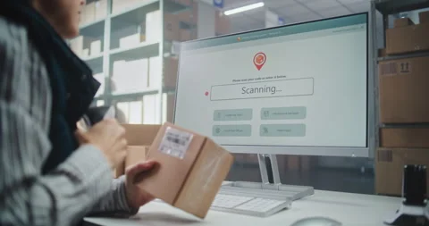 Female Logistics Specialist Scans Code on Cardboard Box, Checks Parcel Stock Footage 307666070