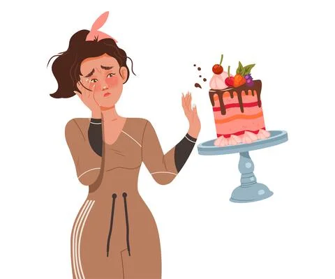 Female Looking at Falling Down Cake Feeling Sadness and Disappointment Vector Stock Illustration