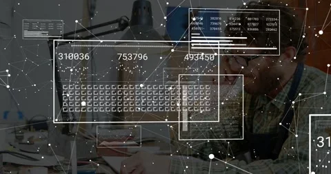 Female maker sketching at desk with node network emerging and panels updating Stock Footage 334038885